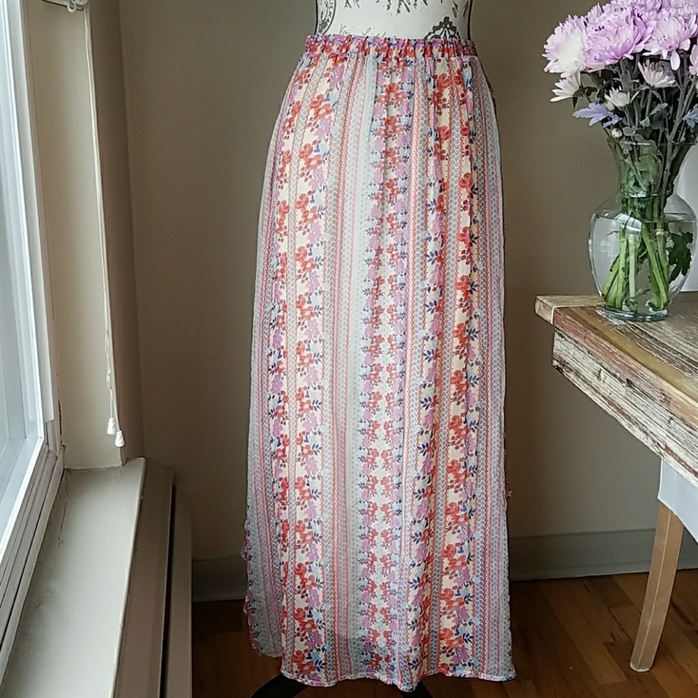 Ella Moss Floral Stripe Maxi Skirt in White, Pink, Orange